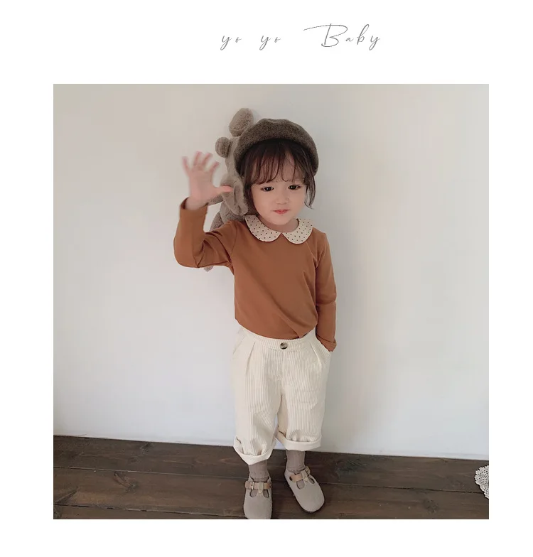 Осенние милые футболки с длинными рукавами из чистого хлопка с кукольным воротником для маленьких девочек, детские повседневные топы, одежда