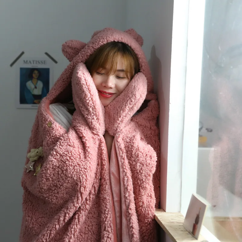 Autumn and Winter Lambskin Hooded Blanket Shawl Blanket Flannel Warm Wearable Adult Cloak Blanket Sweatshirt Vs Secret Pink