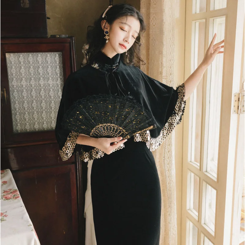 Черный бархат с вышивкой длинное женское платье 2021 элегантные весенние туфли