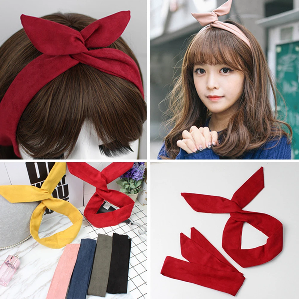 

Retro Women Rabbit Ear Printing Headband Bowknot Elastic Iron Wire Hair Bands Solid Color Scrunchie Hair Accessories Headwrap