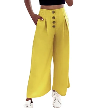 

Women Pants Streetwear Button Decor Elastic Mid Waist Loose Wide Leg Pants Lady Summer Autumn Pleated Casual Pockets Trousers