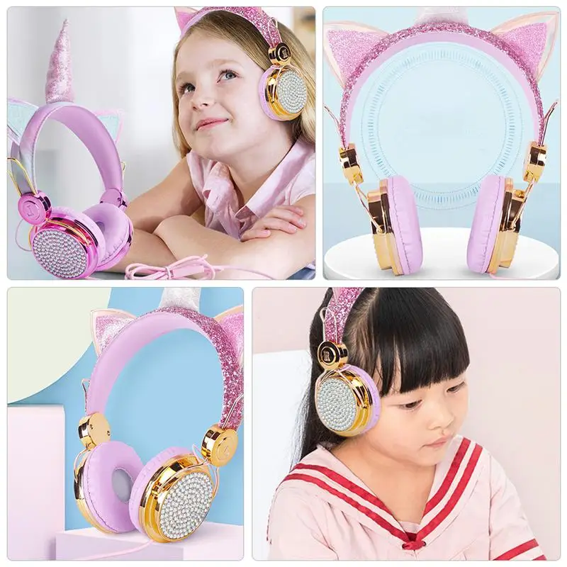 Funny Kids Headset Colorful Diamond Unicorn Girl Wired Headphones Music Stereo Phone Earphones Children Christmas Brithday Gifts
