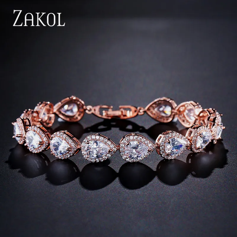 Rose Gold Color ZAKOL модный элегантный браслет в форме капли воды с кубическим цирконием, 3 цвета, браслеты для женщин, свадебные ювелирные изделия FSBP099 - Окраска металла: Rose Gold Color
