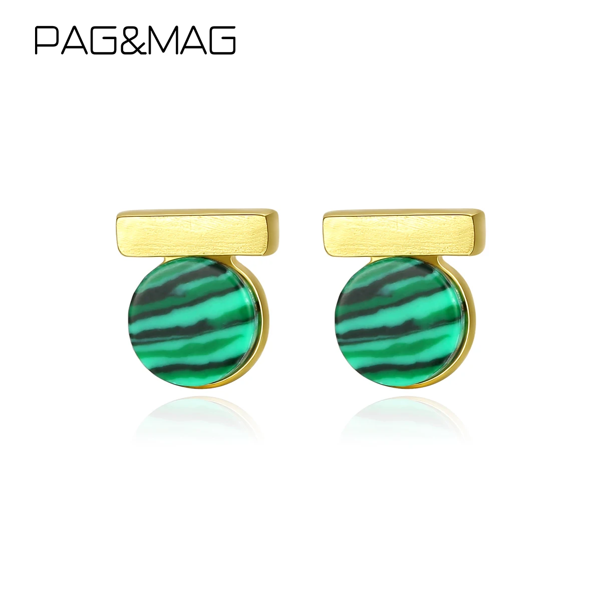 PAG&MAG New Fashion Natural Round Malachite Stud Earrings Real 925 Sterling Silver Fine Jewelry For Women Christmas Gifts