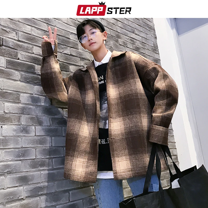 

Winter Coat Men Streetwear Plaid Wool Coats 2019 Mens Harajuku Vintage Korean Jackets Coats Hip Hop Windbreaker 5XL