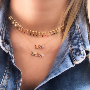 

925 sterling silver rainbow colorful cz MAMA LOVE DREAM necklaces for women multi layer rainbow cz letter charm Bohemia jewelry