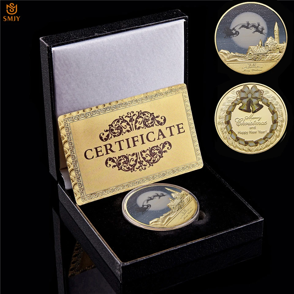 

2022 Moeda Santa Merry Christmas Elk Bells Gold Plated Lucky Coins Value Collectibles Commemorative Badges W/Box Holder And Gift