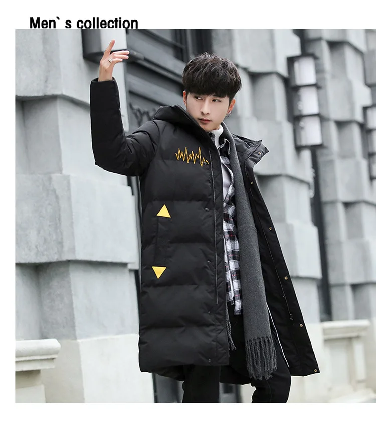 Korean-style Trend Teenager Students Casual Winter Thick Mid-length Printed Cotton Overcoat Men