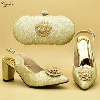 

Excellent gold spring/autumn pointed toe high heel pump shoes with purse bag set for lady 108-1 heel height 7cm