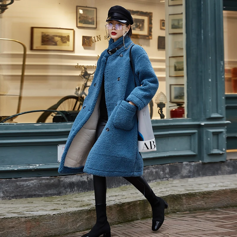 Зимнее женское пальто куртка из искусственного меха черная Дизайнерская Женская шерстяная куртка до колена ветростойкие меховые пиджаки с воротником HHPC35 - Цвет: blue