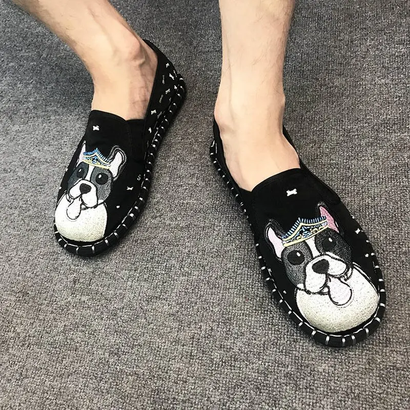 

Rosetic Man's Shoes Casual Retro Comfortable Handmade Cloth Color Ghost Face Embroidery Flower Bean Shoes Male Spirit Guy Shoes