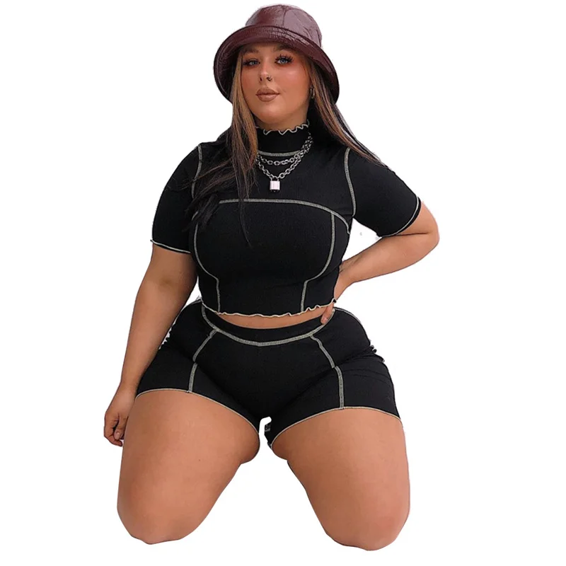 Conjuntos de pantalones cortos de cuello alto para mujer, ropa informal de talla grande, conjunto de dos piezas negro Delgado, 4xl, venta al por mayor, envío directo