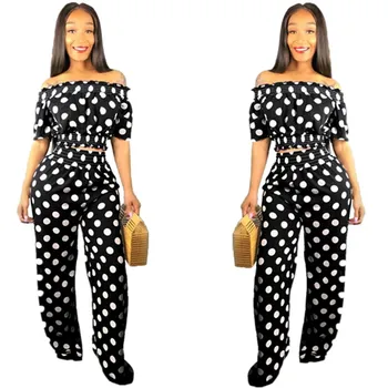 

Summer Women 2 Pieces Outfits Polka Dot Off Shoulder Crop Top and High Waist Pants set Elegant Sexy 2 piece set
