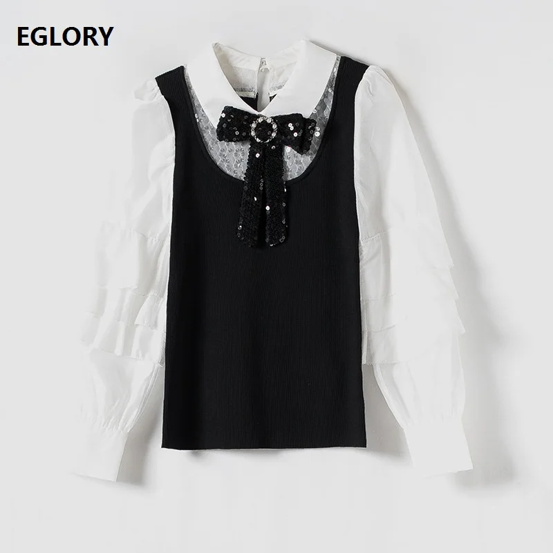 

New Korean Fashion Sweaters 2020 Autumn Winter Tops Ladies Peter Pan Collar Sequined Bow Deco Long Sleeve Knitted Pullovers