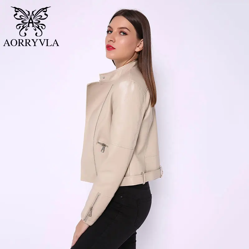 AORRYVLA, кожаная женская куртка,, черная, искусственная кожа, куртки, отложной воротник, на молнии, байкерское пальто с помпоном, женская кожаная куртка