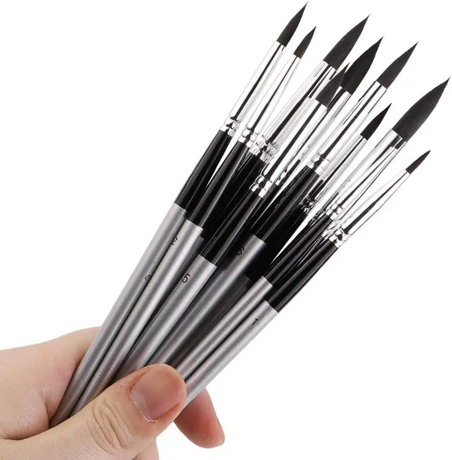 10pcs Round Paint Brush Set Pointed Tip Soft Black Hair Artist Brush for  Water Color Acrylic