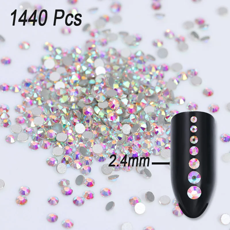 2.4mm 1440Pcs Разноцветные стразы, прозрачные, AB, без горячей фиксации, с плоской задней частью, смешанные размеры, Кристальные, неправильные, бусины для маникюра, для ногтей, 3D, для украшения ногтей - Цвет: 2.4mm 1440Pcs