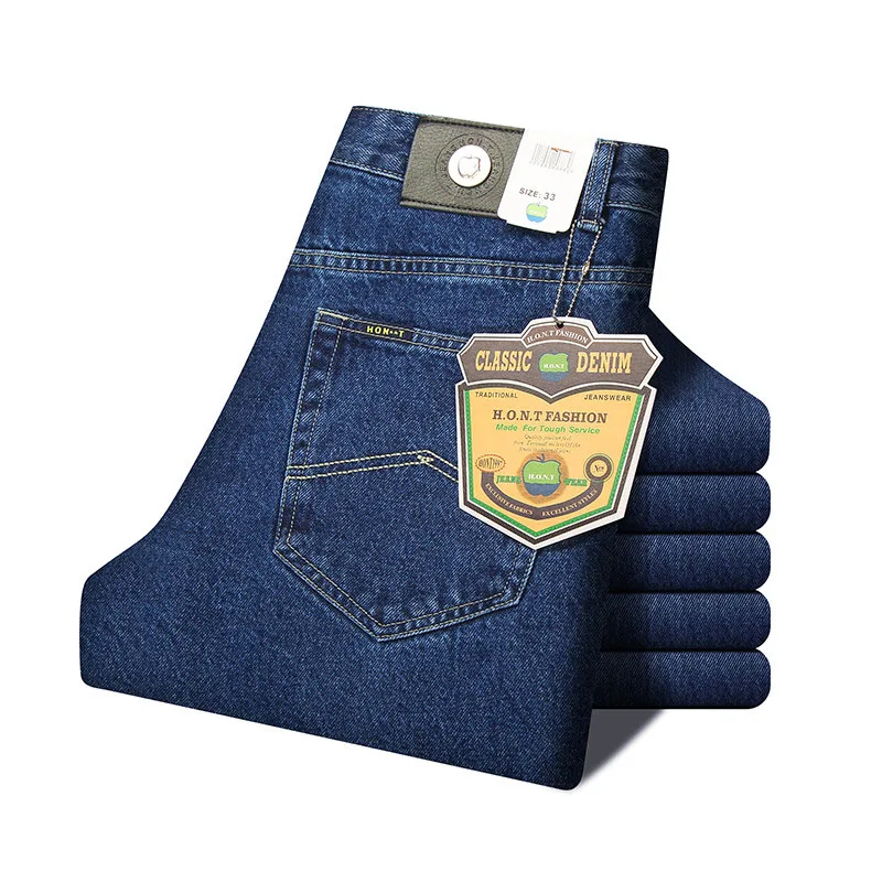 Dark Blue Jeans Мужские деловые джинсы, Классические весенние осенние мужские обтягивающие прямые Стрейчевые Брендовые джинсовые штаны, летние комбинезоны, облегающие брюки - Цвет: Dark Blue Jeans