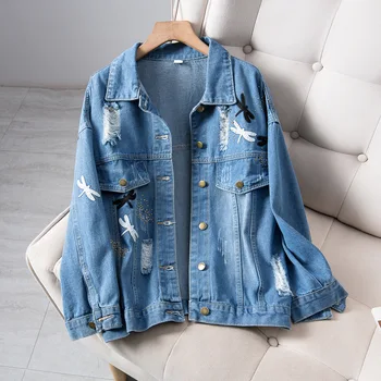 

2020 Dragonfly Rhinestones Denim Jackets Women Hole Boyfriend Style Long Sleeve Vintage Jean Jacket Loose Autumn Denim Coat