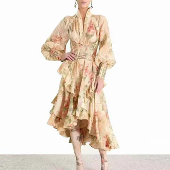 

Runway Fashion Women Dress 2020 Spring Summer Long Lantern Sleeve Bandage Flower Print Irregular Party Plus Size Dress