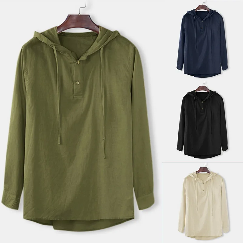 Винтажная хлопковая льняная рубашка с капюшоном с рукавом VogueLong Camisa Masculina, летняя рубашка с v-образным вырезом, Homme, пуловер, мужские рубашки