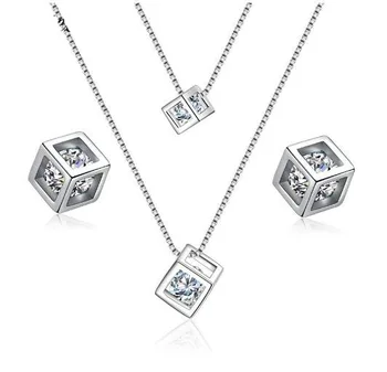 

2020 Bijoux New Bridal Jewelry Sets 925 Sterling Silver Layer Choker Necklaces Cubic Zirconia Cubes Box Earrings for Women Gift