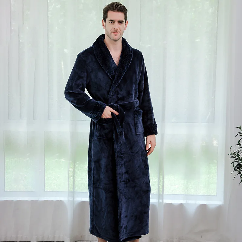 Фланелевый Халат для влюбленных размера плюс, удлиненный теплый Халат с капюшоном для мужчин и женщин, плотное зимнее кимоно, банный халат, мужской халат, халаты - Цвет: men navy