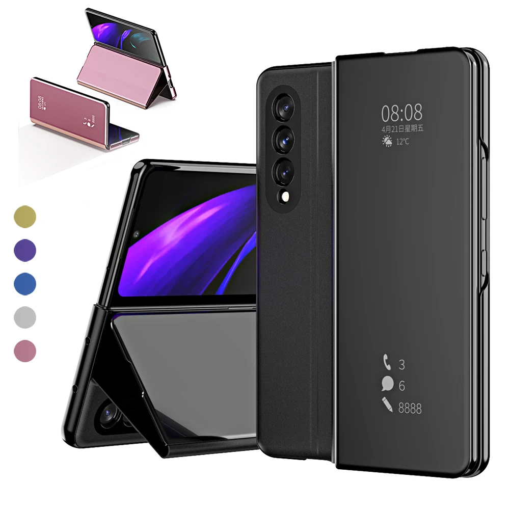 Чехол для Samsung Galaxy Z Fold 3 5G Mirror Clear View Flip Cover Кожаная подставка Противоударный чехол