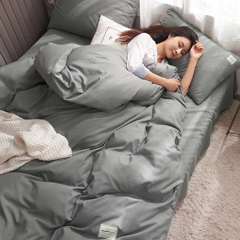 European Bedding Set White Grey Warm Comfort Quilt Brushed Fabric Simplicity Solid Color 4pcs King Queen Size  Autumn & Winter 