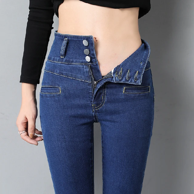 Pantalones vaqueros de cintura alta con tres botones para mujer, Pantalón  pitillo de mezclilla coreana, elásticos, ajustados e informales que  combinan con todo, novedad|Pantalones vaqueros| - AliExpress