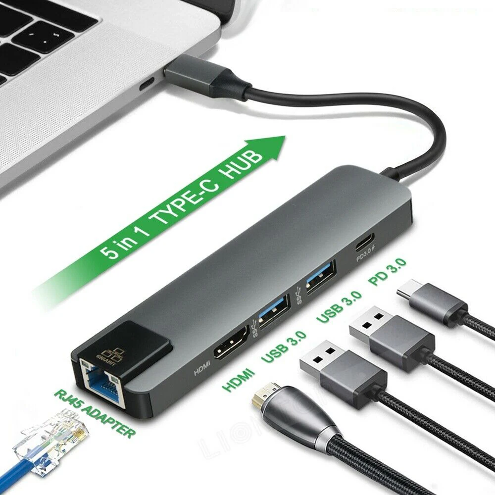 5in1 USB Type C Hub HDMI PD Charging USB-C to Gigabit Ethernet RJ45 Lan Adapter or Mac book Pro Thunderbolt 3 USB-C Charger Hub