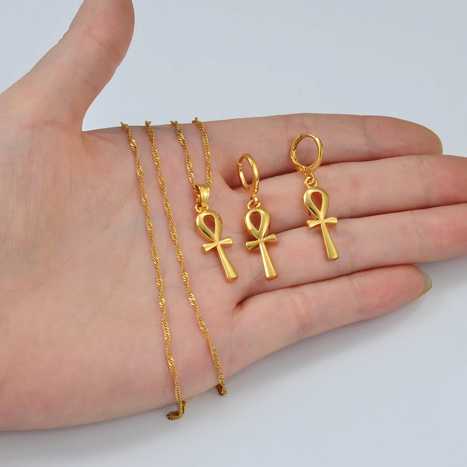 Egyptian Ankh Cross Pendant & Earrings Set - African Brass Jewelry For Women, Gold Hieroglyph Crux Ansata