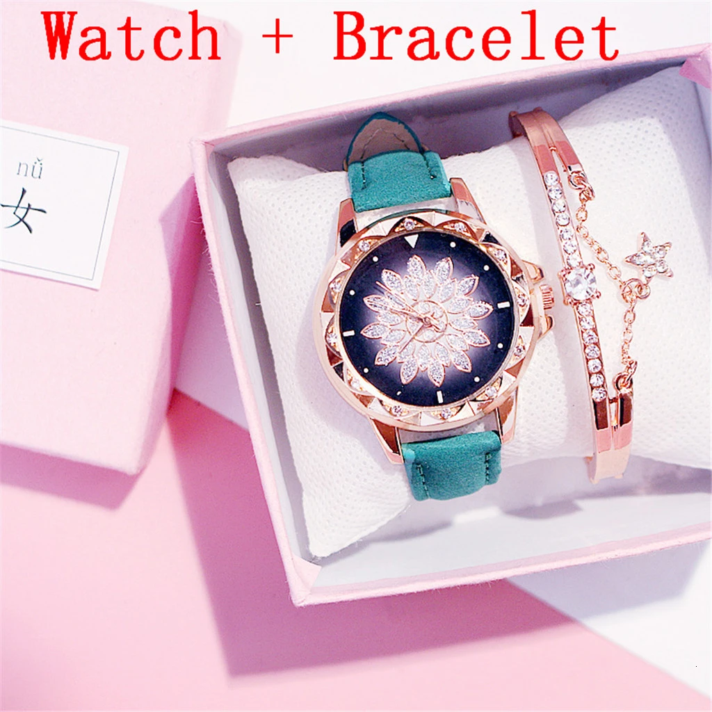 Green bracelet Женские часы с браслетом, женские часы с цветами, повседневные кожаные кварцевые наручные часы, подарочные часы, Relogio Feminino - Цвет: Green bracelet