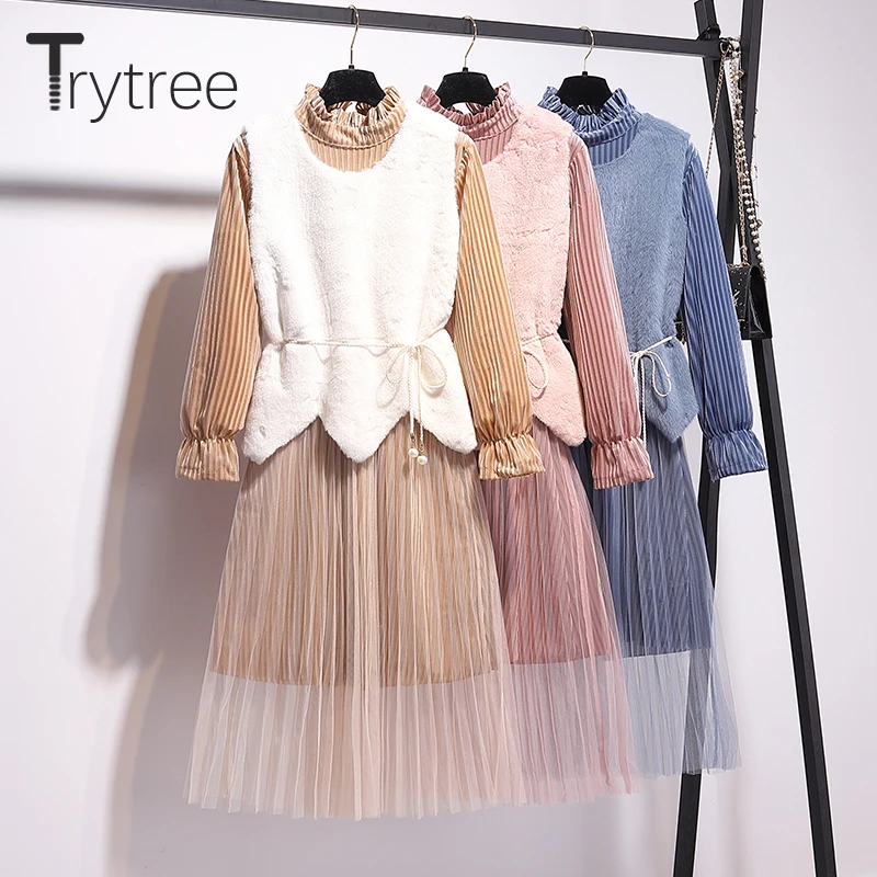 Trytree, осенне-зимний комплект из двух предметов, повседневная водолазка, плиссированное платье с расклешенными рукавами+ жилет с поясом, комплект для офисной леди, комплект из 2 предметов