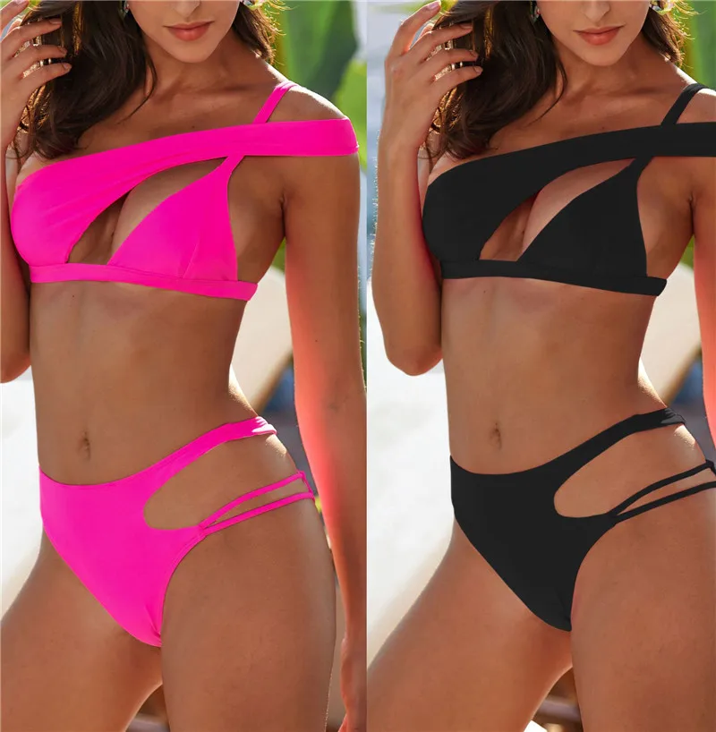 

Sexy One Shoulder Bikinis Set Red 2 Piece Low Waist Swimsuit for Women Cut Out Swimwear Strapless Solid 2020 New Bikini Set