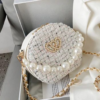 

Sweet Lady Pearl Tote bag Round Bag 2020 Fashion New High-quality Wool Women's Designer Handbag Chain Shoulder Messenger Bag