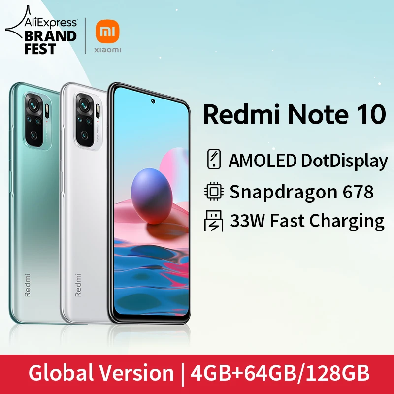 [Lanzamiento mundial En stock] Versión global Xiaomi Redmi Note 10 Smartphone Snapdragon 678 AMOLED Pantalla 48MP cuádruple Cámara 33W
