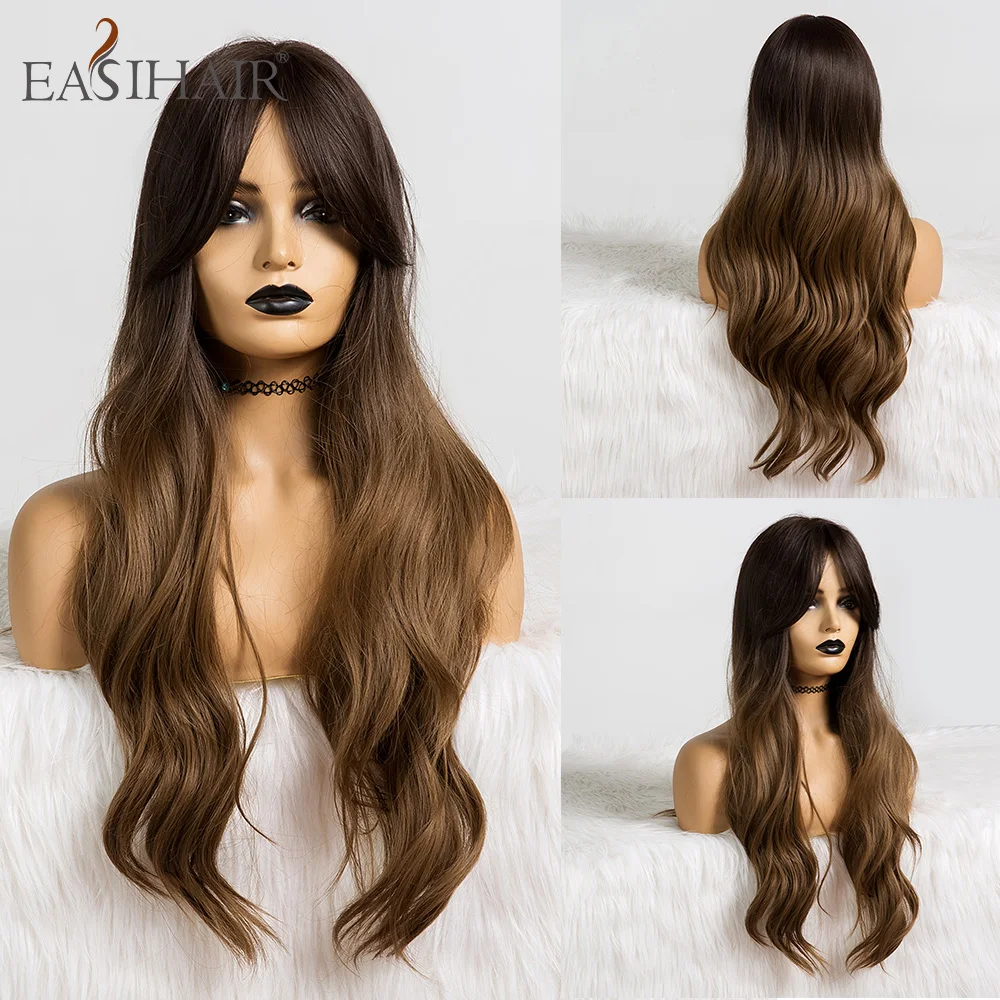 EASIHAIR Long Black to Brown Ombre Synthetic Wigs for Women Afro Wigs with Bangs High Density Temperature Wavy Cosplay Wigs