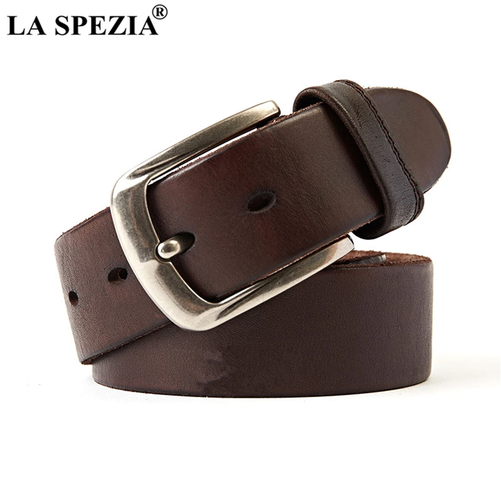 LA SPEZIA Genuine Leather Belt Male Pin Buckle Cowskin Real Leather Belt Men Casual High Quality Belt Black Coffee 120cm