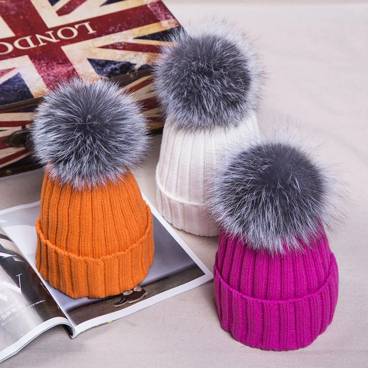 Winter Warm Female Fur Pom Poms hat Spring Hat For Women Girl 's Hat Knitted Beanies Cap Hat Thick Women Skullies Beanies