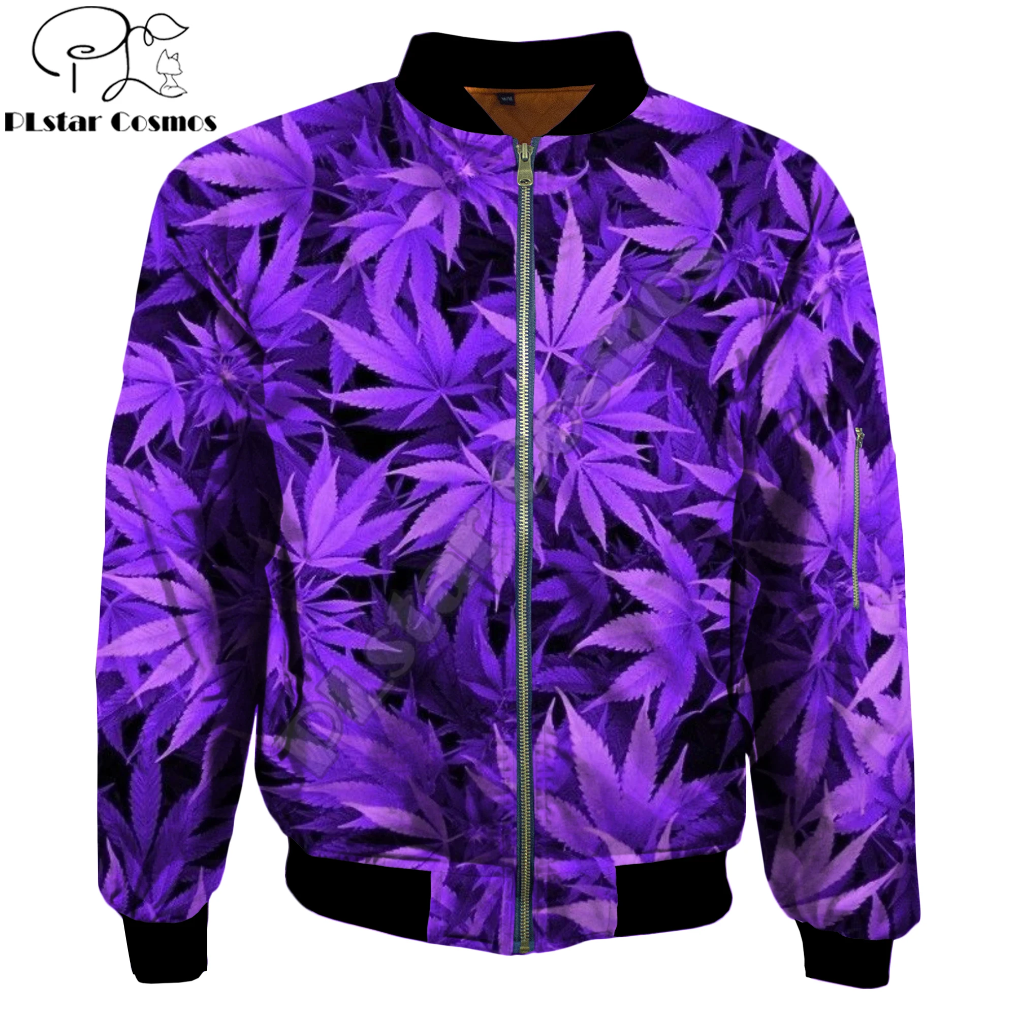 

2019 Autumn/winter Fashion Men's bomber jackets Purple weed Printed 3d Zip Long Sleeve Pullover Unisex Casual Zipper jacket