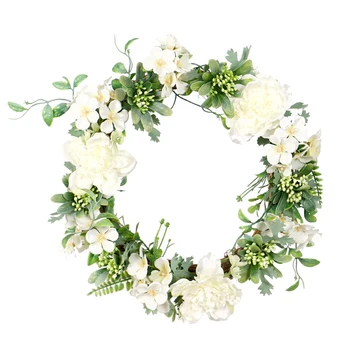 

White Artificial Camellia Wreath Door Decoration Flower Aarrangement Wreaths Decoration Wedding Hanging Spring Wreath Ring Round