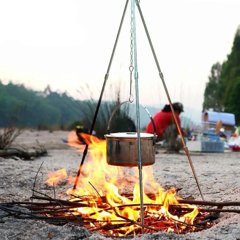 

Outdoor Camping Picnic Cooking Tripod Hanging Pot Durable Portable Campfire Picnic Pot Cast Iron Fire Grill Hanging Tripod