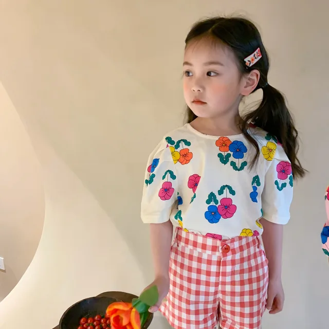 2022 Summer girls cotton floral short sleeve T shirts 1-7 years kids children backless loose casual Tops Beige