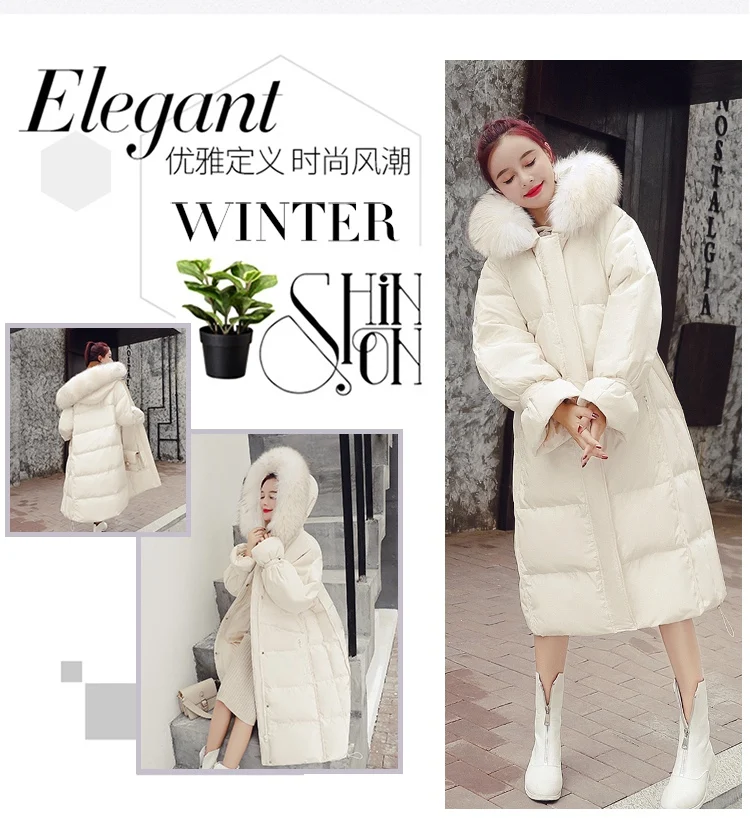 Down Jacket Women's Winter Long Sleeve Thick Mid-length Straight-Cut Zipper Hooded Cotton-padded Clothes White with Genuine
