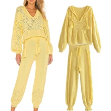 

Dave&Di England Vintage Fashion Solid Hollow Out Embroidery Hooded Sweaters Women Pullovers Ruffles Knitted Harem Pants Sets