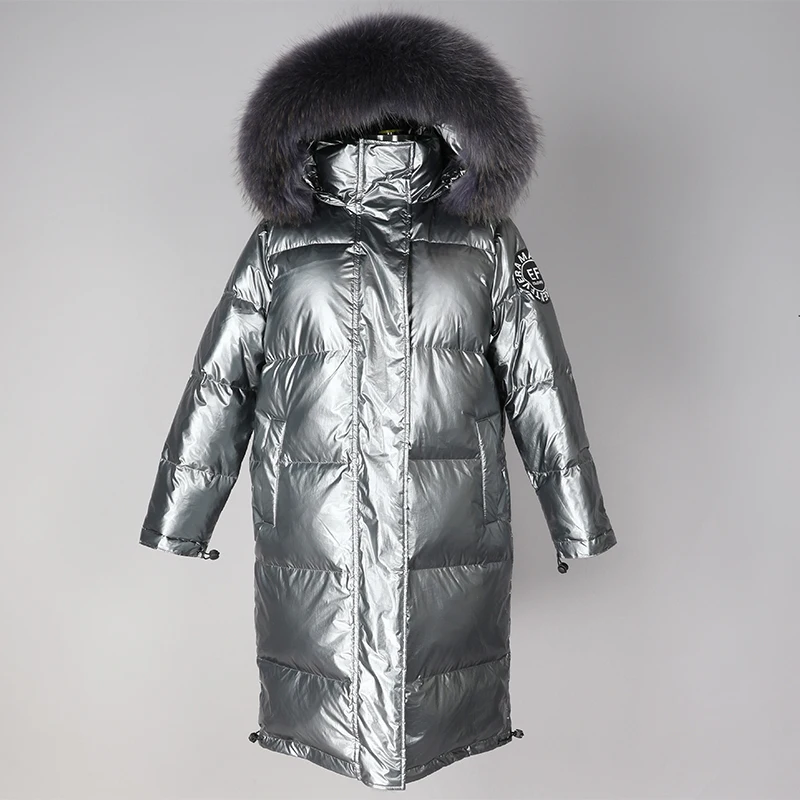 Новое зимнее пальто для женщин, блестящий Повседневный длинный пуховик с капюшоном, воротник из натурального меха енота, теплый плотный 90% белый пуховик на утином пуху
