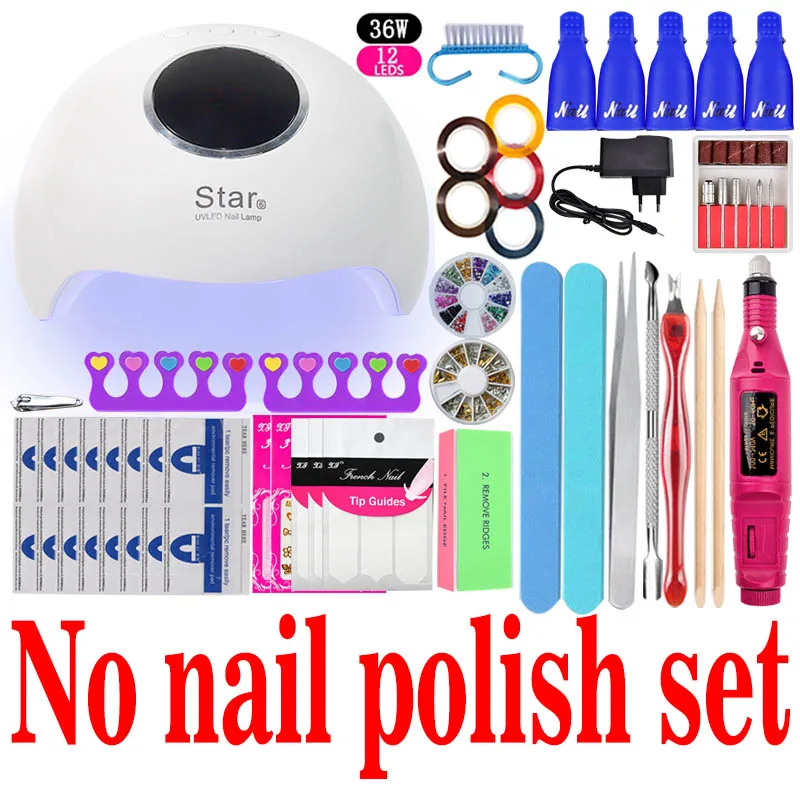 36W No nail polish Набор для ногтей 36 Вт УФ лампа для ногтей маникюрный набор 10/6 цветов геля акриловый лак для ногтей комплект Гель-лак УФ-удлинитель для головок ружье гвоздя набора ящик для инструментов - Цвет: 36W No nail polish