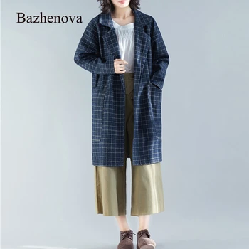 

【Bazhenova】Autumn Women Loose Coat Autumn Plaid Long Denim Artistic Elegance Girls Coat For Woman Tops Office Lady Suit R038