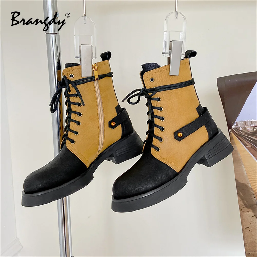 Women Boots Genuine Leather Splicing Women Shoes Mixed Colors Round Toe Women Winter Ankle Boots Fur Zipper Lace